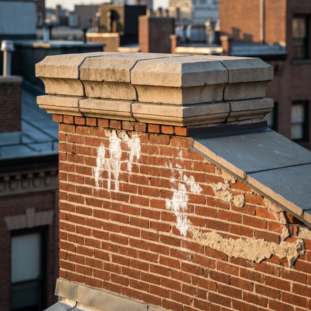 Weathered pre-war NYC brownstone parapet showing aged brick and mortar deterioration