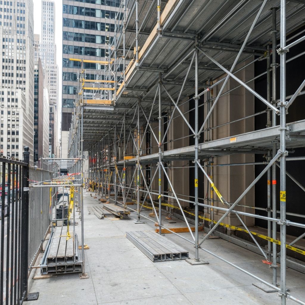 Construction workers in safety gear performing scaffold inspection and maintenance work in NYC