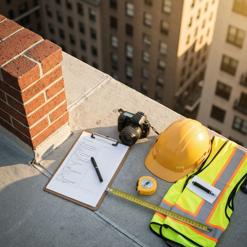 NYC building owner's parapet inspection checklist - tools and documents on a rooftop